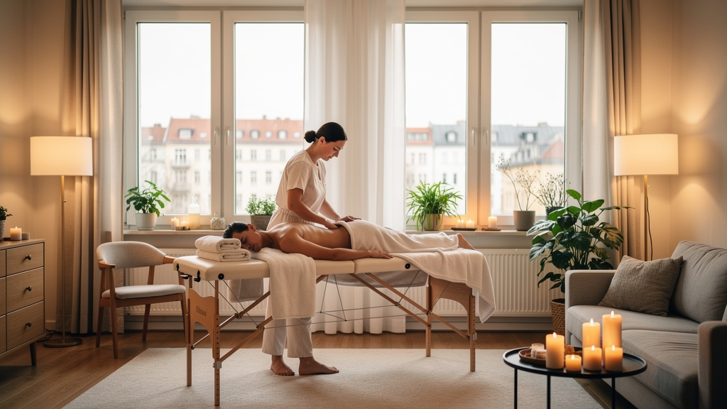 themassagelab_Lady_setting_up_massage_table_with_berlin_landscape