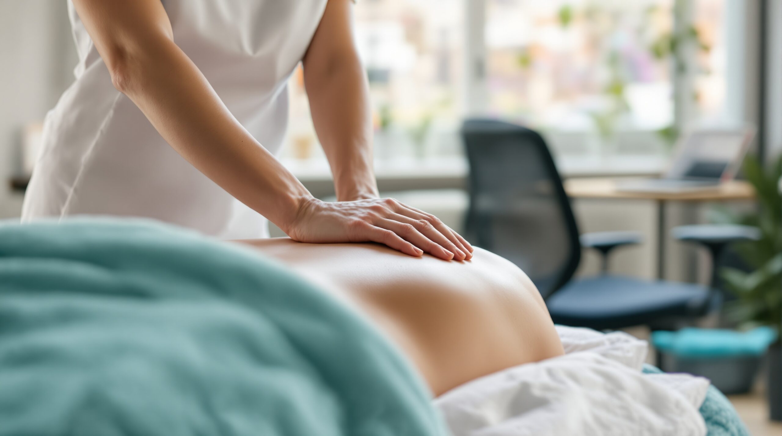 Close-up of massage therapist's hands working on client's neck and shoulders, with a home office setup visible in the soft-fo