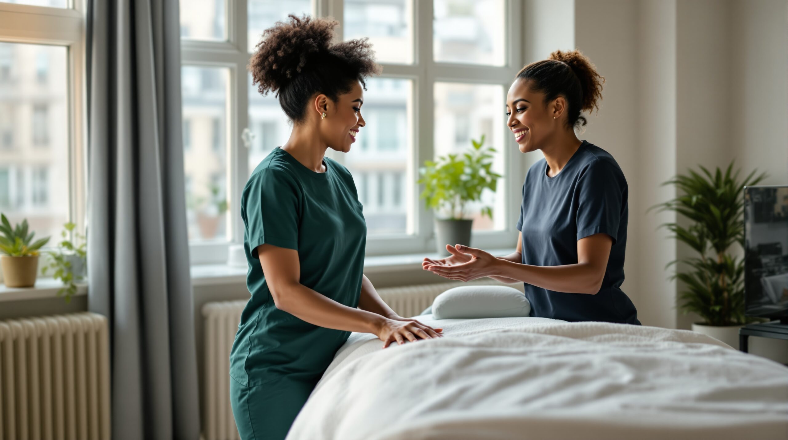 Diverse massage therapist communicating with an international client in a bright Berlin apartment. The scene captures cultural comfort and clear communication. Modern Berlin architecture visible throu Diverse massage therapist communicating with an international client in a bright Berlin apartment. The scene captures cultura