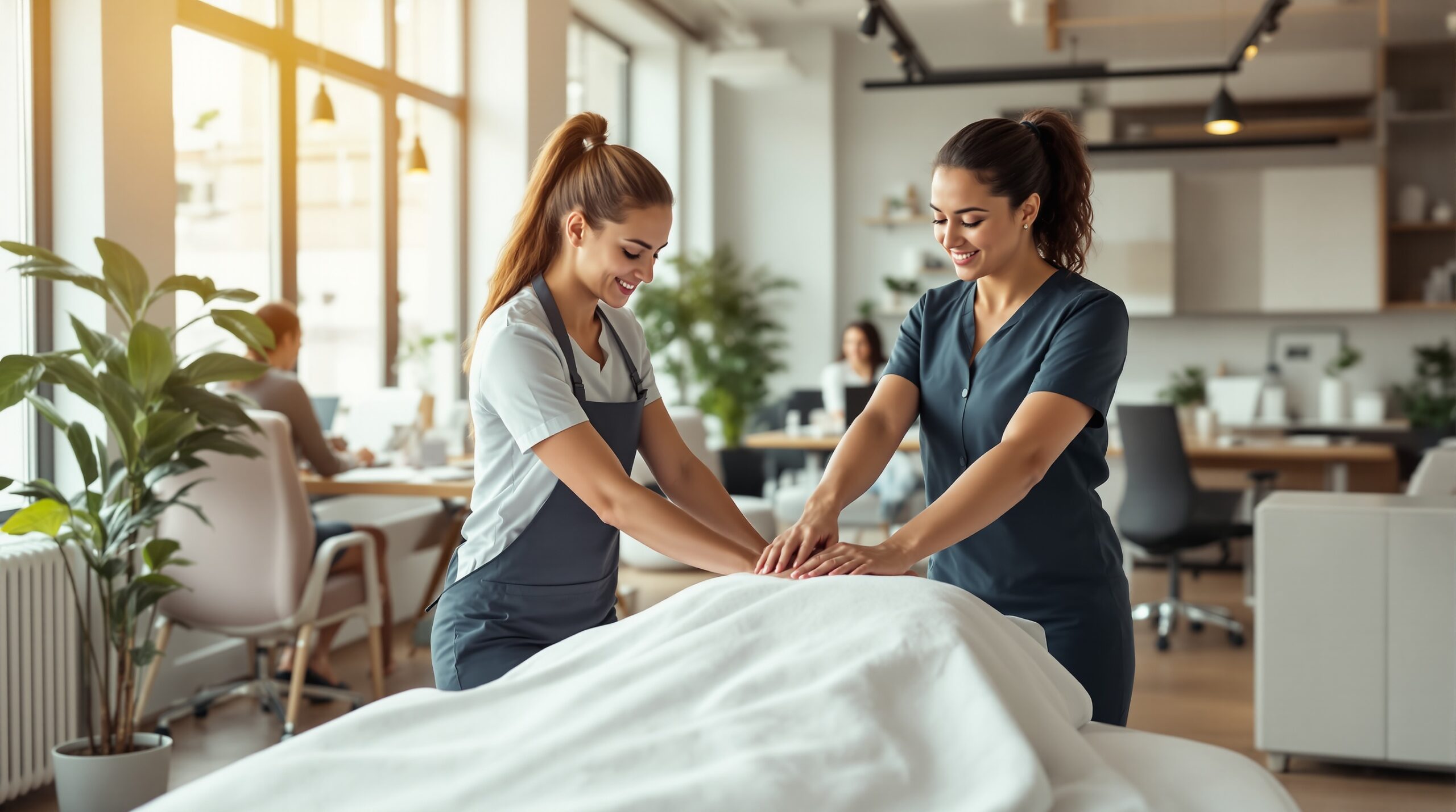 Professional massage therapist providing chair massage to an employee in a modern Berlin office space. Other workers visible