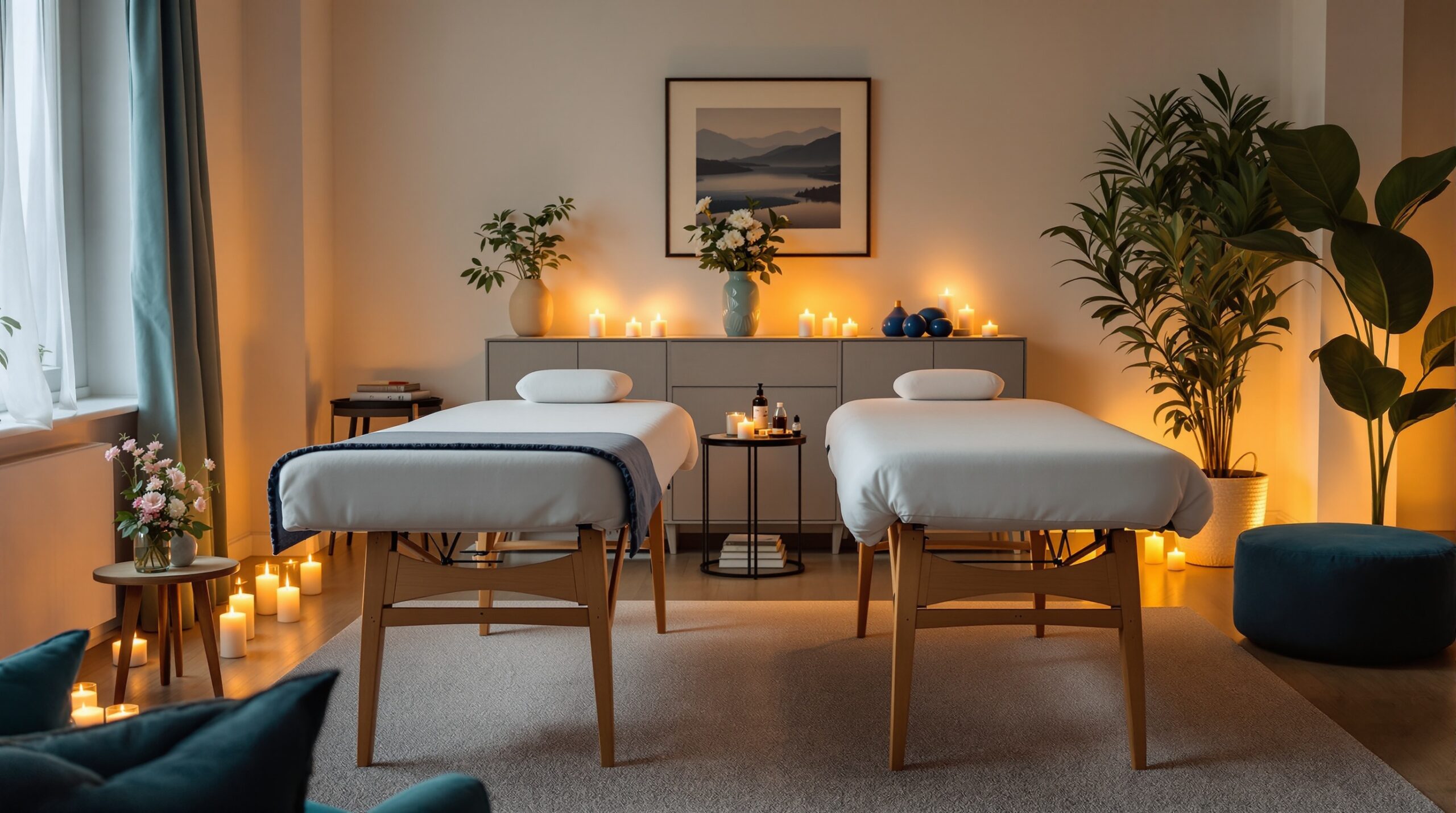 Two massage tables set up side by side in a romantically lit Berlin apartment living room. Candles and soft lighting create an intimate atmosphere. The space features modern decor with warm teal and n Two massage tables set up side by side in a romantically lit Berlin apartment living room. Candles and soft lighting create a