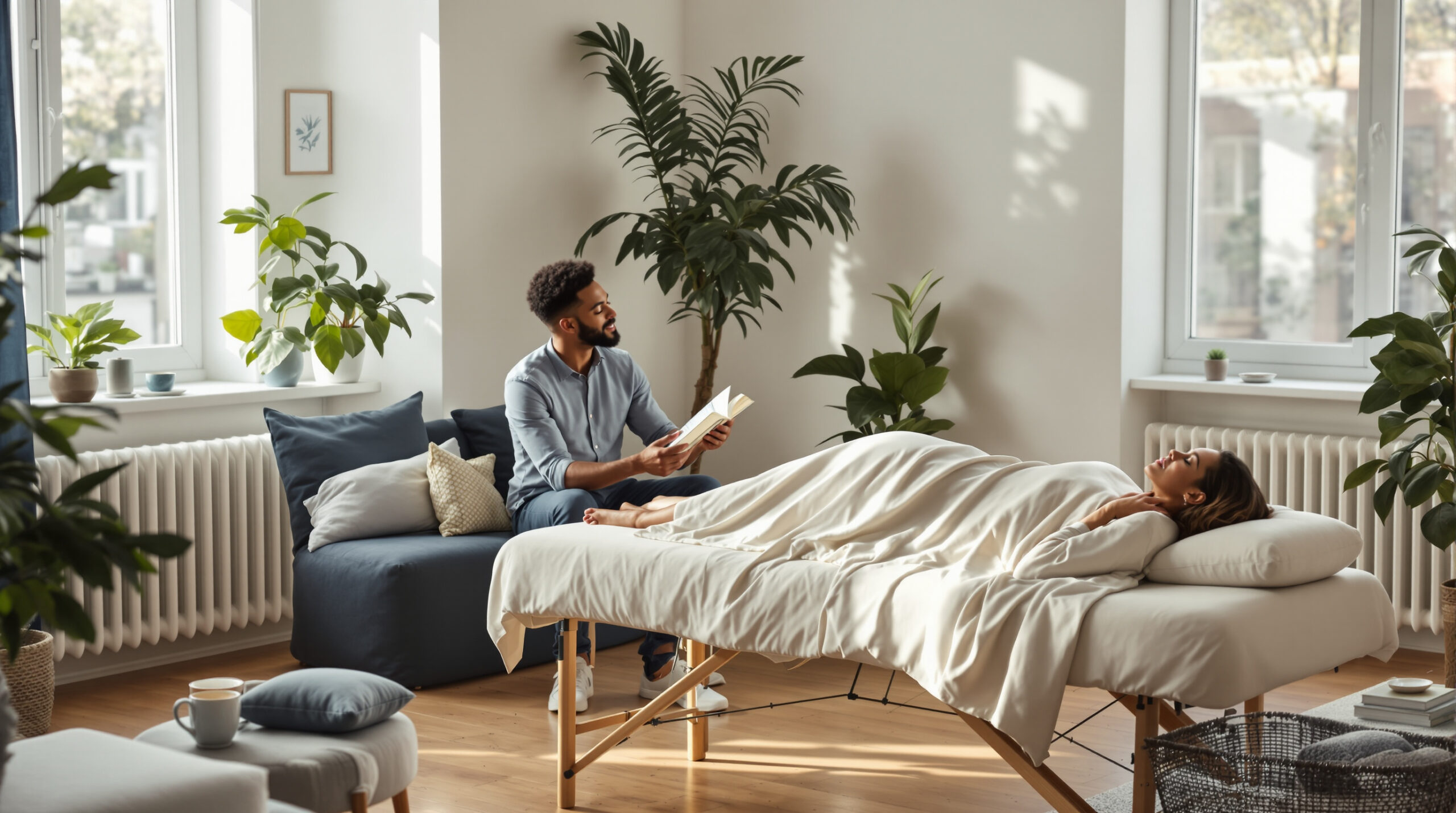 A calm Sunday morning scene in a beautifully minimal Berlin apartment. A diverse couple — a man and a woman, both in their 30s — are visible in a spacious living room. One is on a professional portabl Self-Care Sunday: Building a Home Wellness Ritual in Berlin