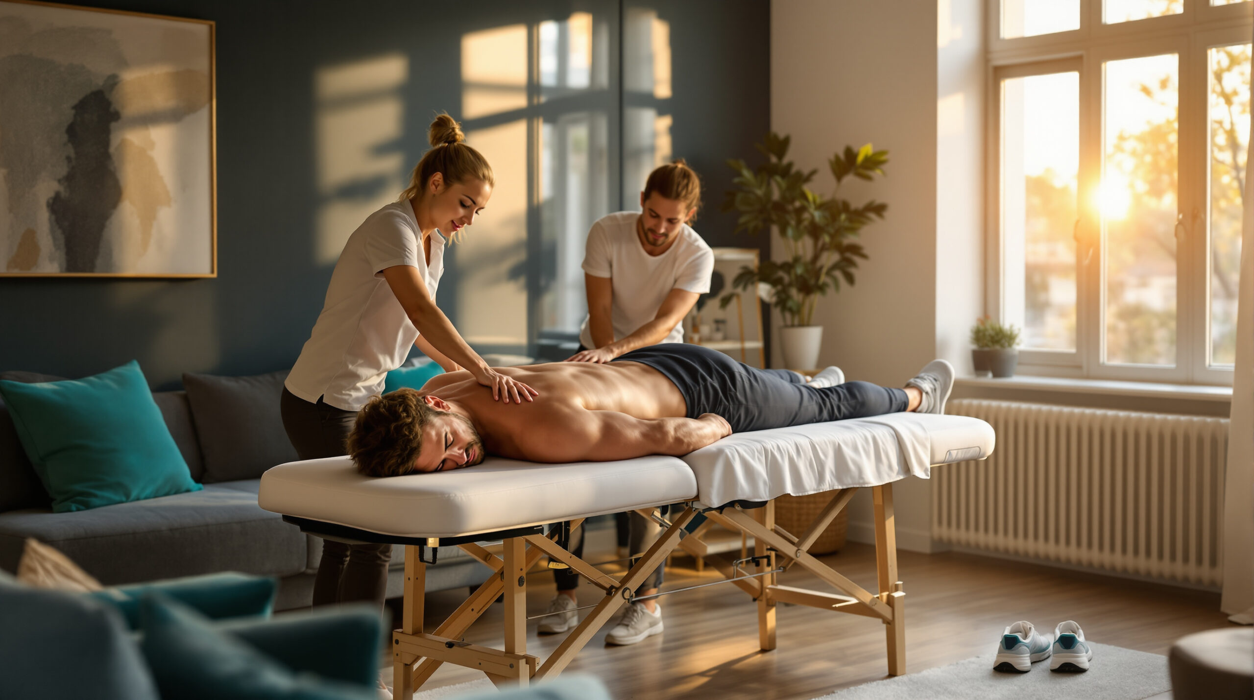 A fit man in his early 30s, dressed in casual athletic wear, lying face-down on a professional portable massage table set up in a spacious, light-filled Berlin apartment. A therapist’s hands are visib Massage After Exercise: Timing, Benefits & What to Know